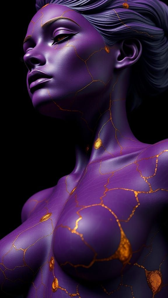 Surreal Woman's Body in Gold and Purple, Stylized in Abstrac...