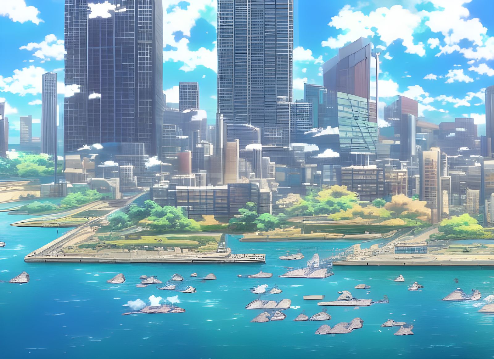 Anime Seaport Scene with Birds and Boats
