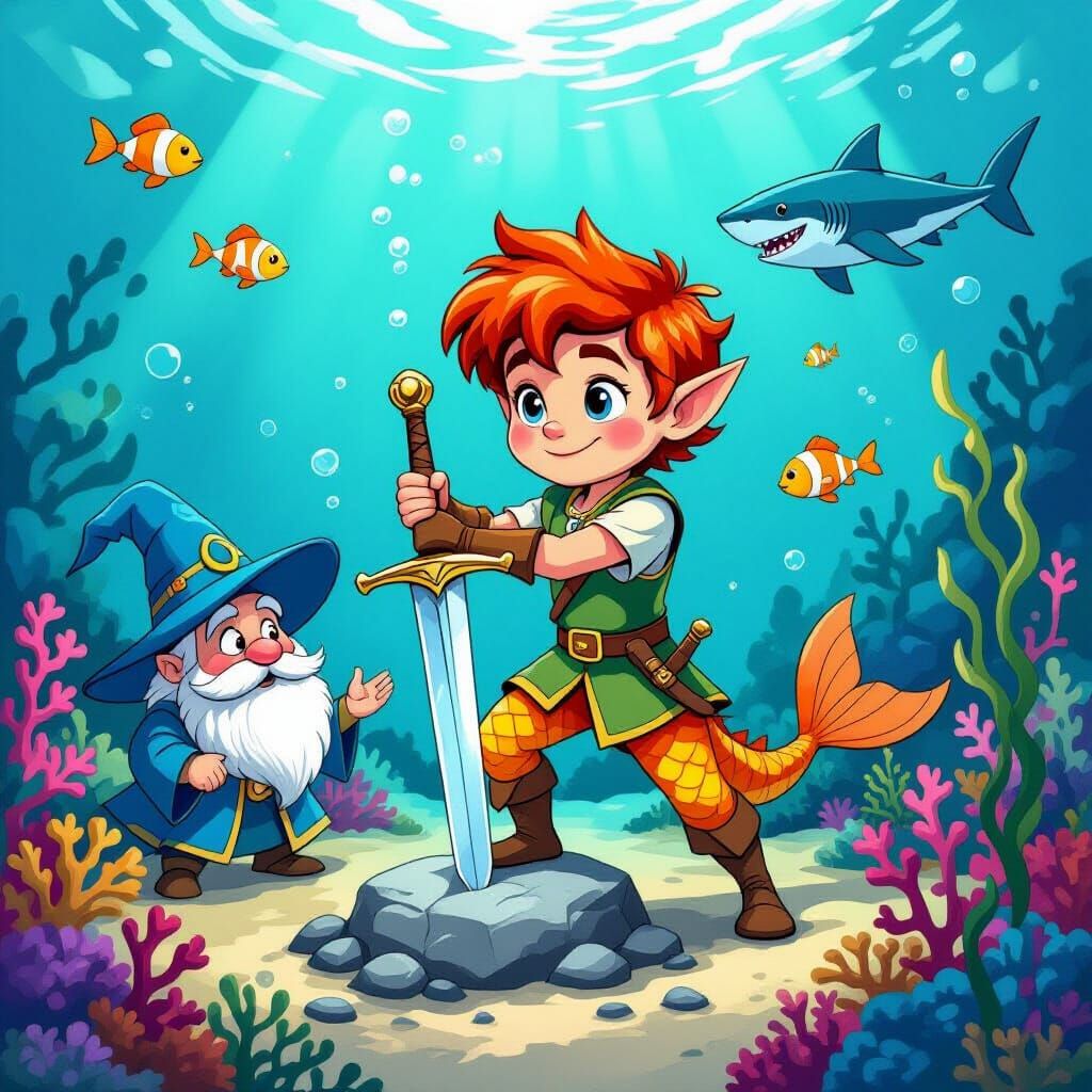 Merman Boy Draws Sword in Disney Cartoon Style