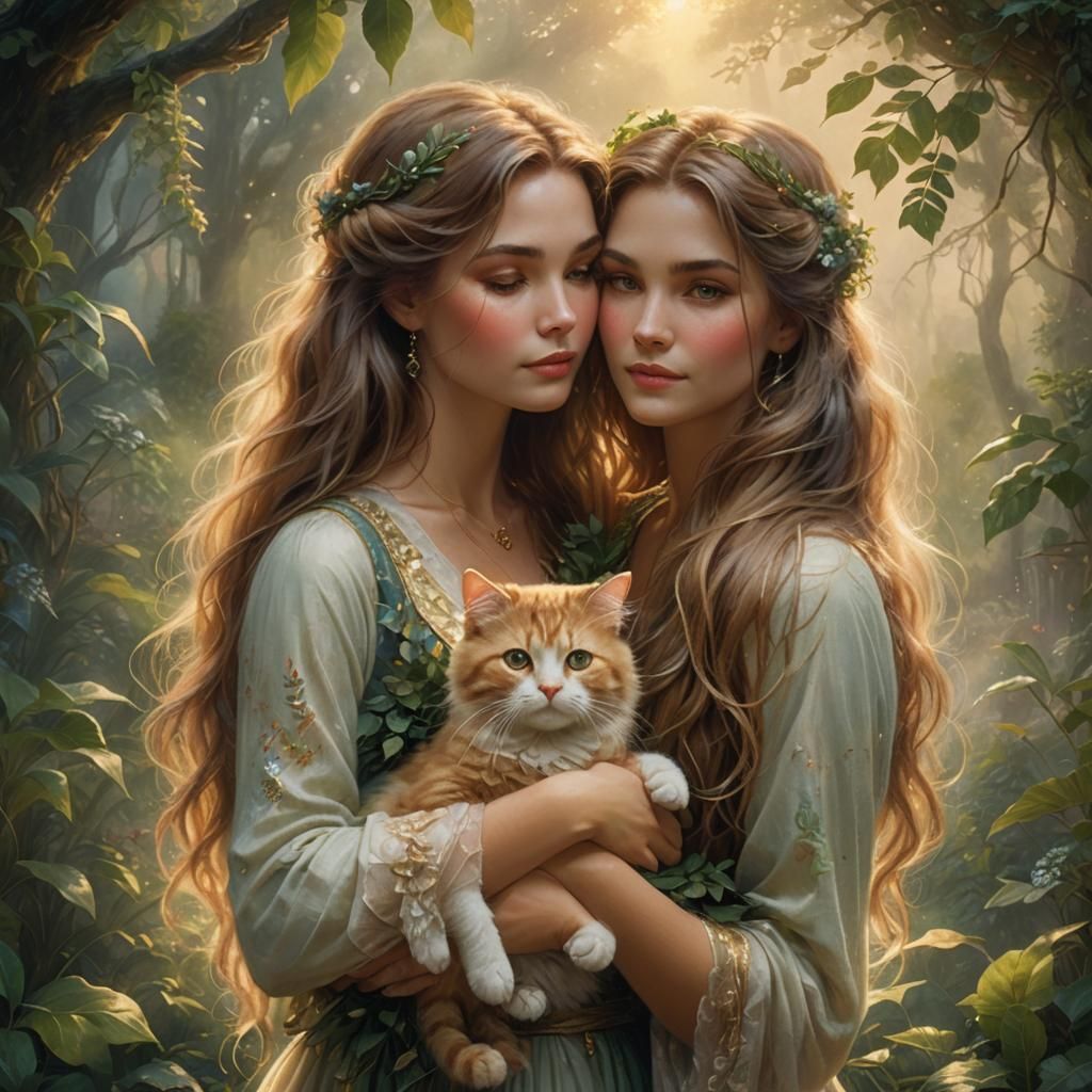 Ethereal Woman with Cat in Golden Light