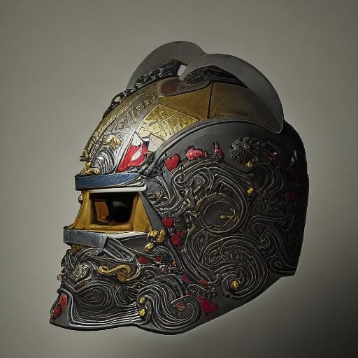 Art by Katsushika Hokusai, ukiyo-e print of a samurai helmet, ornate and symbolic, adorned with dragon motifs and crest,...