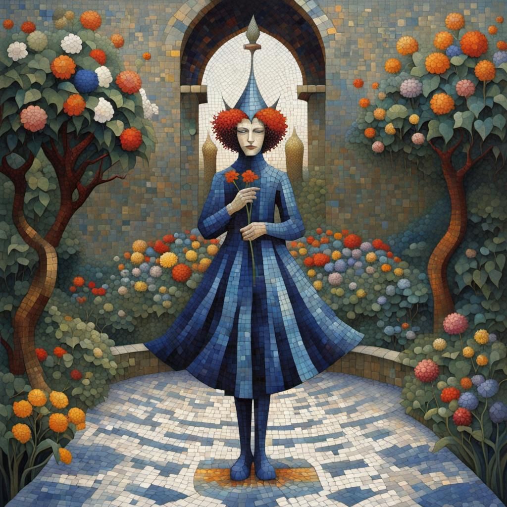 Jester in Castle Garden: Abstract Mosaic Illustration