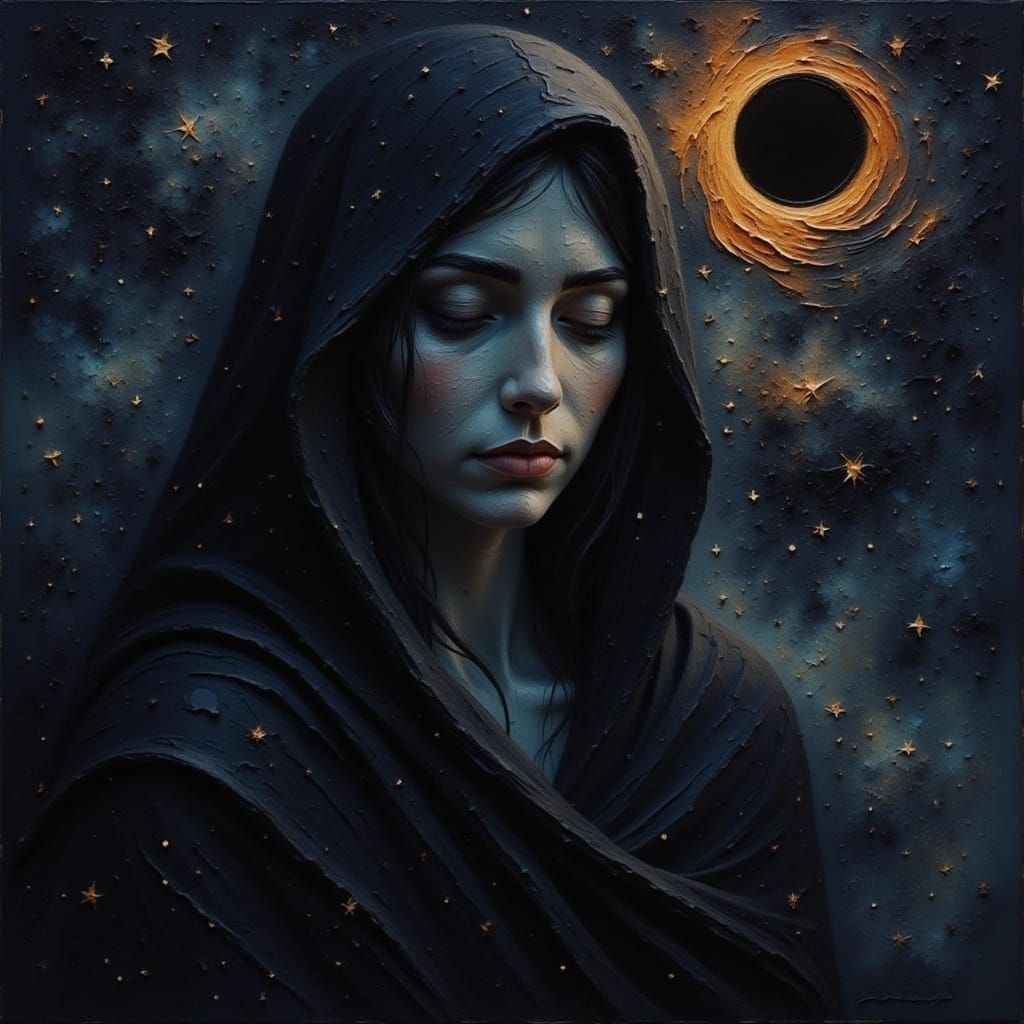 Serene Woman in Cosmic Nebula, Impasto Acrylic Style