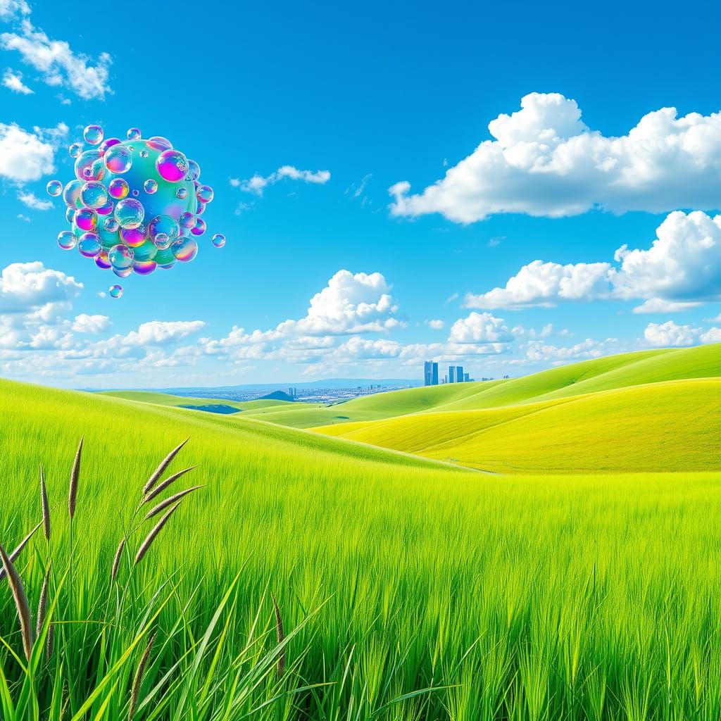 Electric Green Meadow with Iridescent Bubbles in Futuristic ...