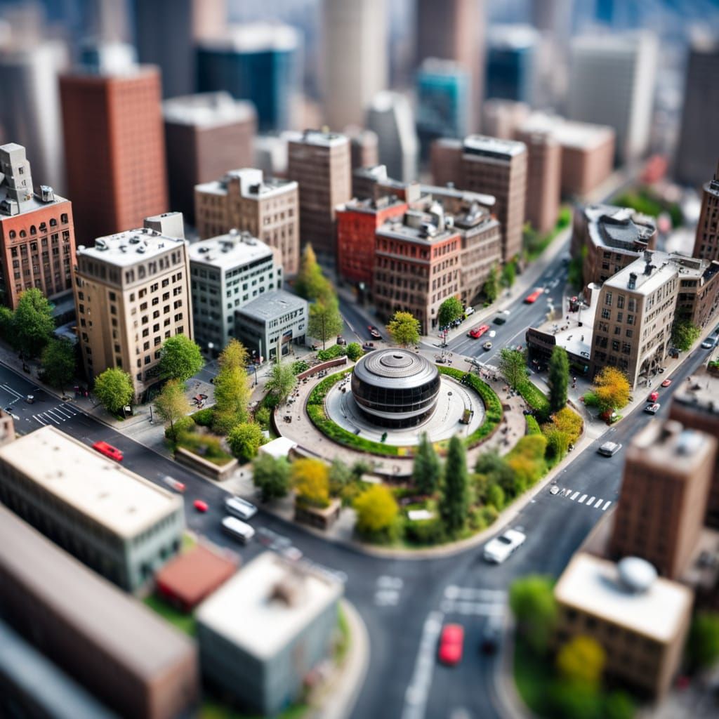 Miniature Cityscape on Motherboard with Fish-eye Lens