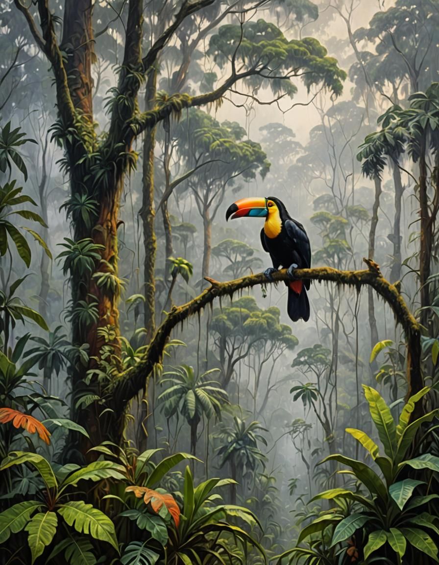 Toucans in rainforest.