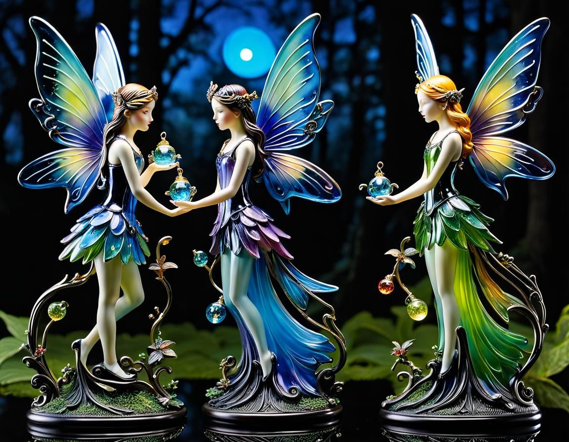 Enameled Glass Fairies in Gothic Moonlight