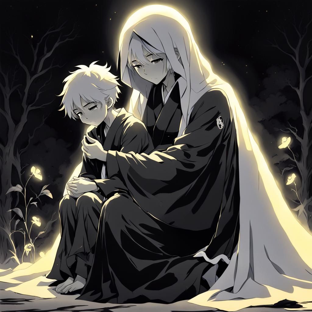 Boy Comforted by Mother's Ghost: Anime Style