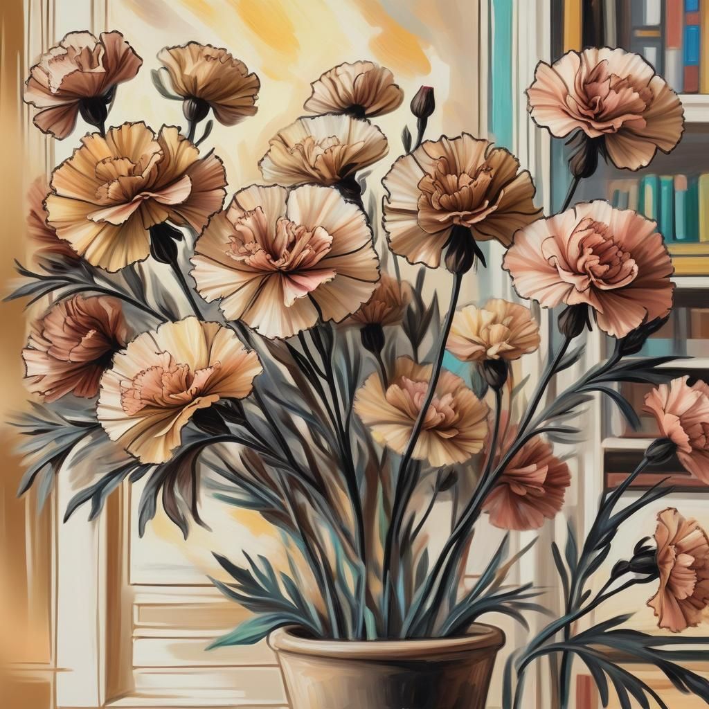 Carnations Adorn Library in Fauvist Oil Pastel