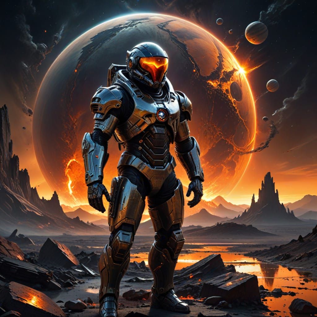 Futuristic Warrior Stares at Doomed Planet, Ready to Escape