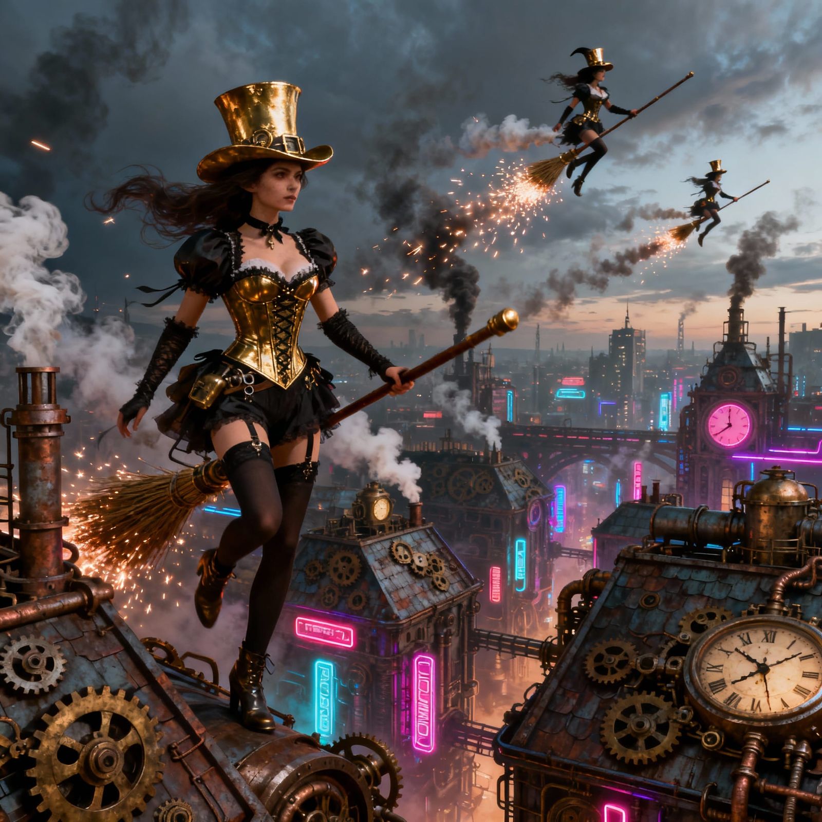 Witches Race Steam-Powered Brooms in Neon Cityscape