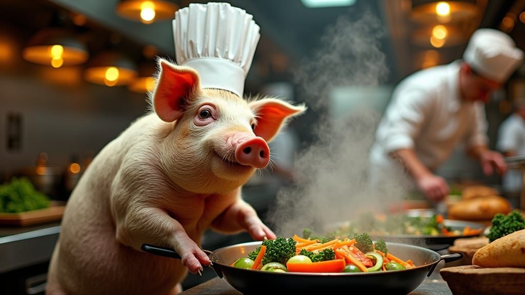 Pig Chef Sautéing Vegetables in Restaurant Kitchen