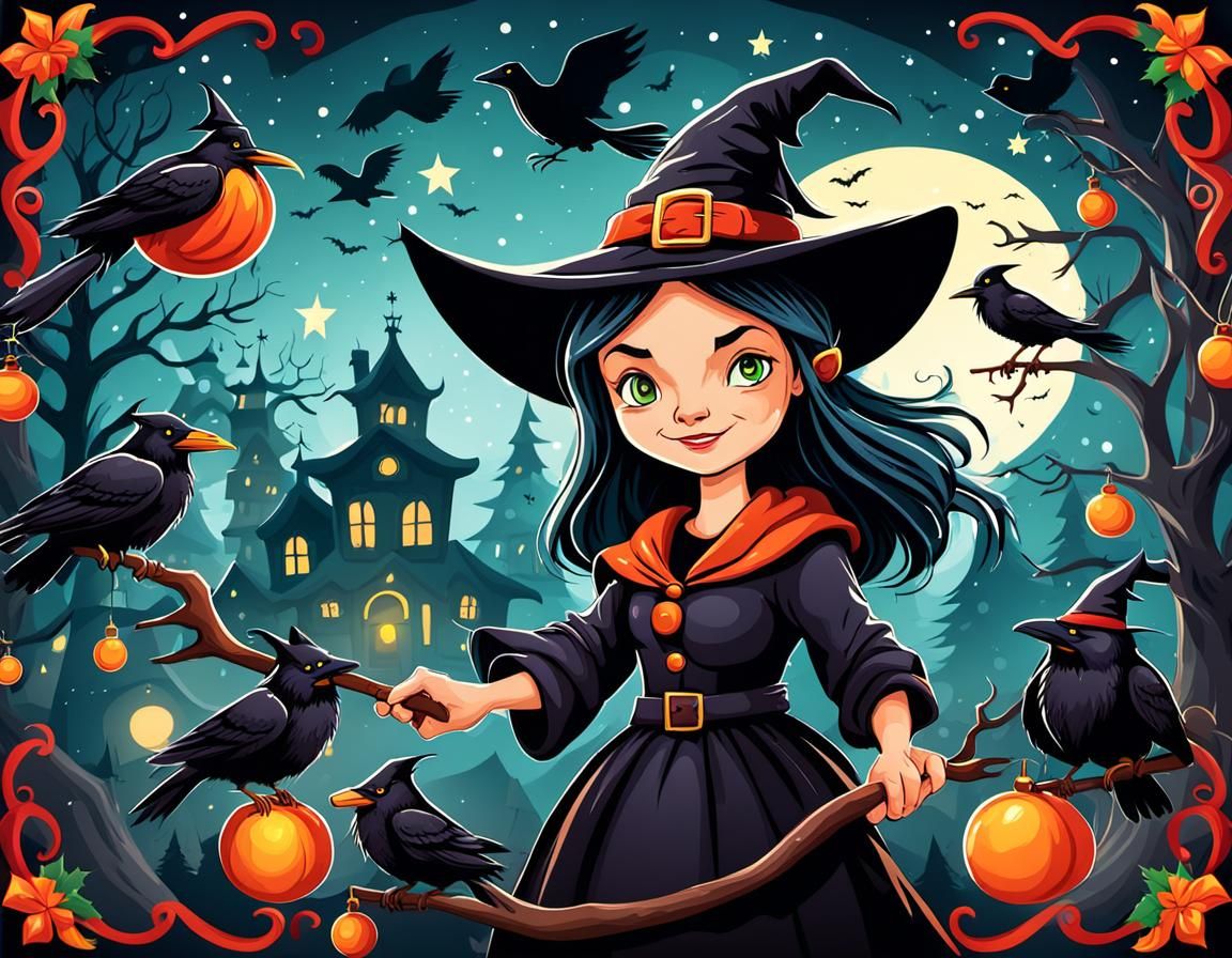 Cartoon Witch and Crows on Christmas Background