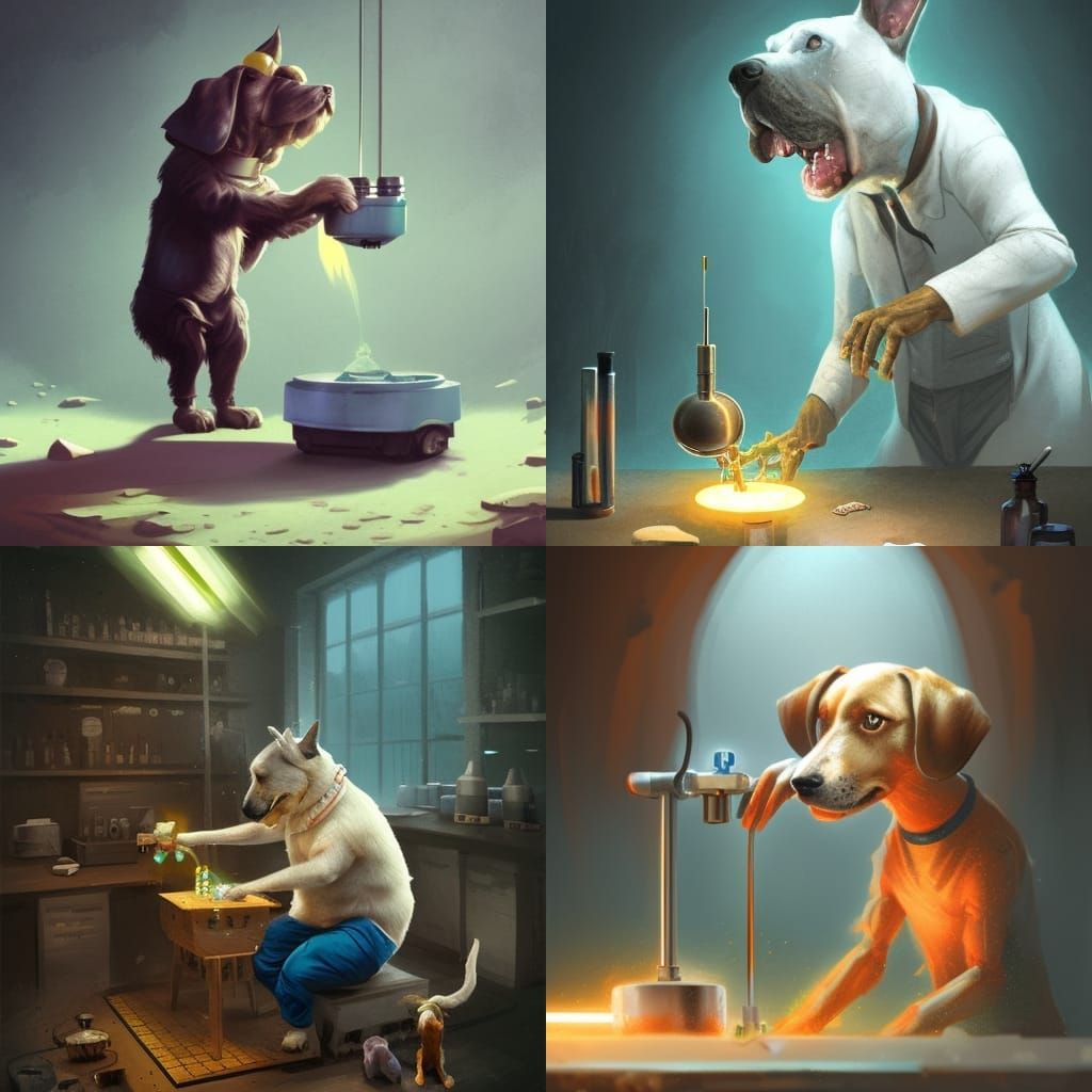 Dog Scientist Cartoon Character in Digital Painting Style