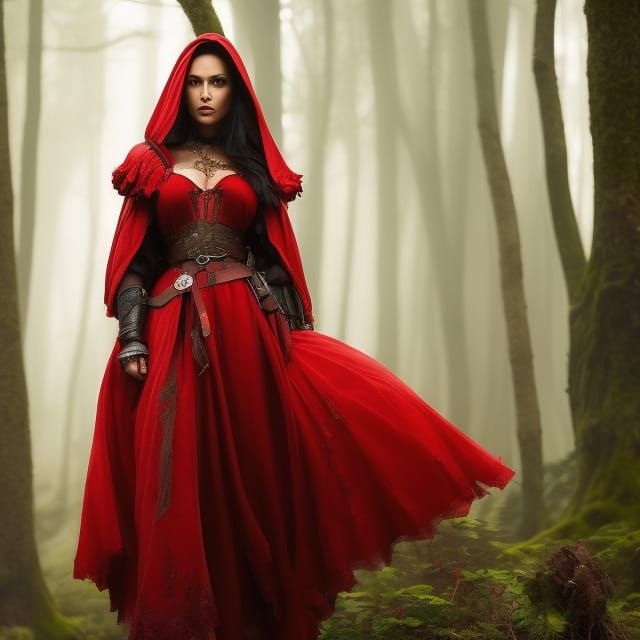 Warrior Red Riding Hood in Hyperdetailed Forest