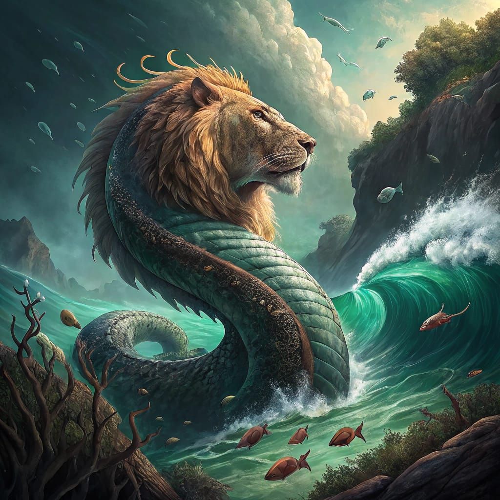 Serpent Lion with Pitbull Head in Fantasy Sea