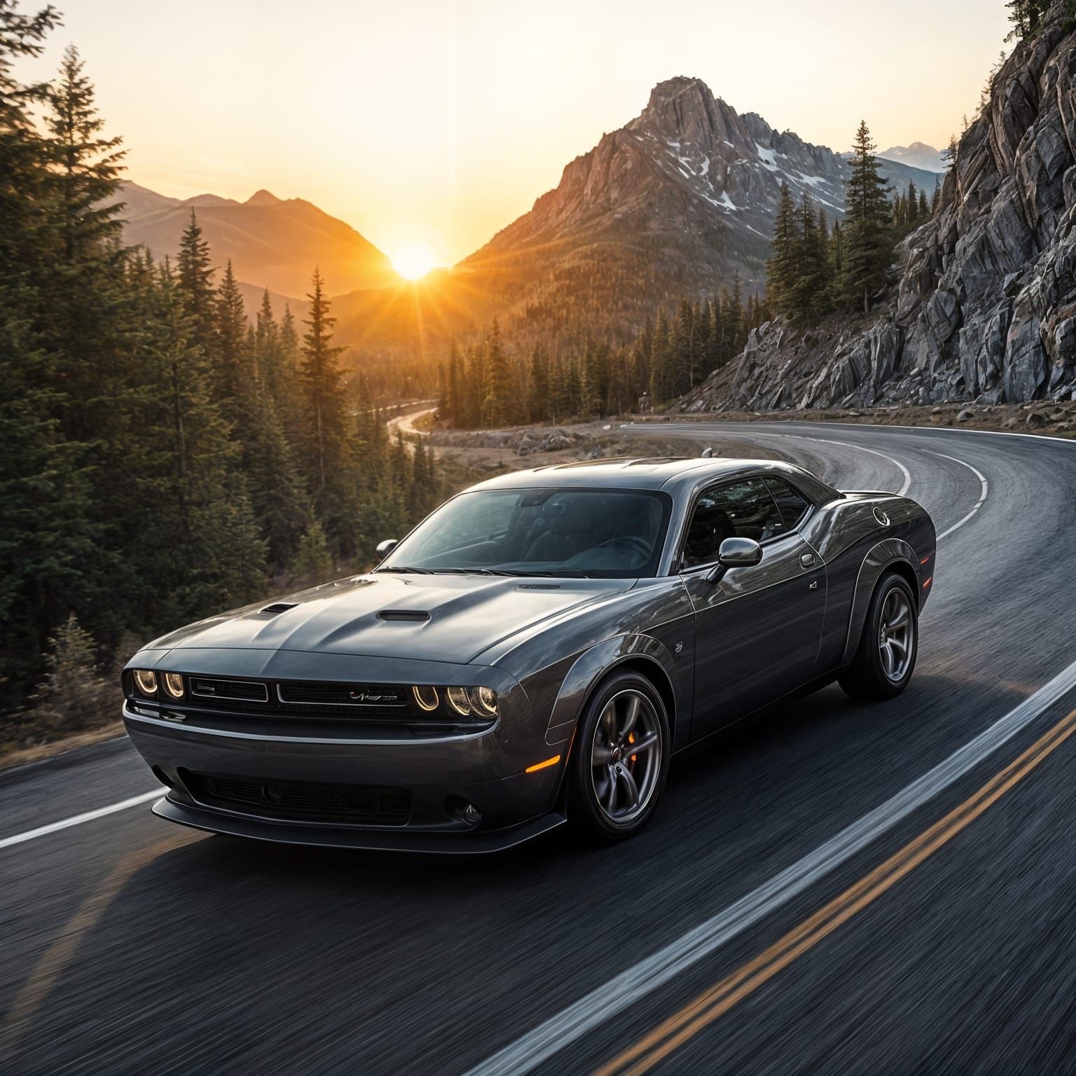 Dodge Challenger Cruises Cascade Mountains at Sunset