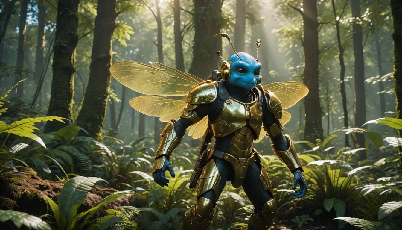 Epic Fantasy Warrior in Iridescent Armor and Dragonfly Wings...