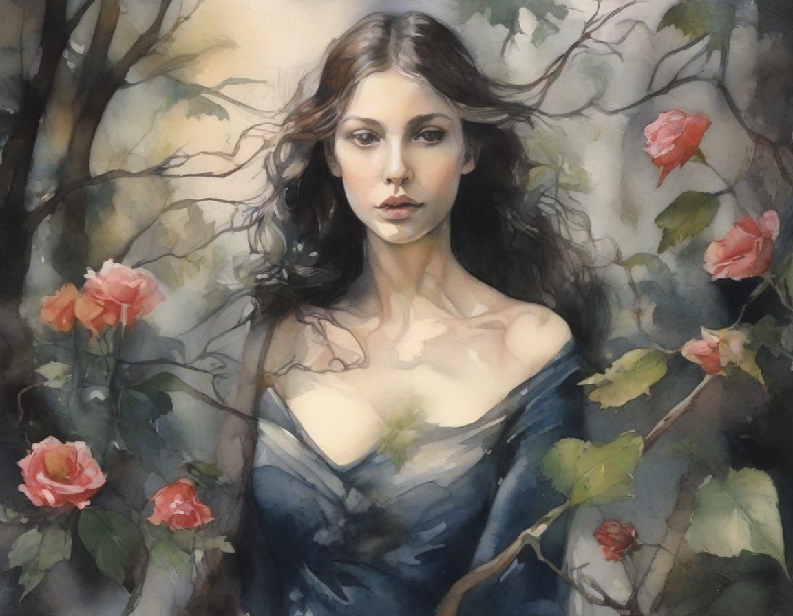 Melancholic Woman in Dark Fantasy Watercolor Garden