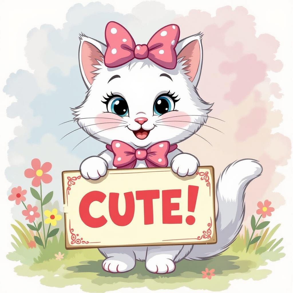 Marie the Cat with Cute Sign in Watercolor Style