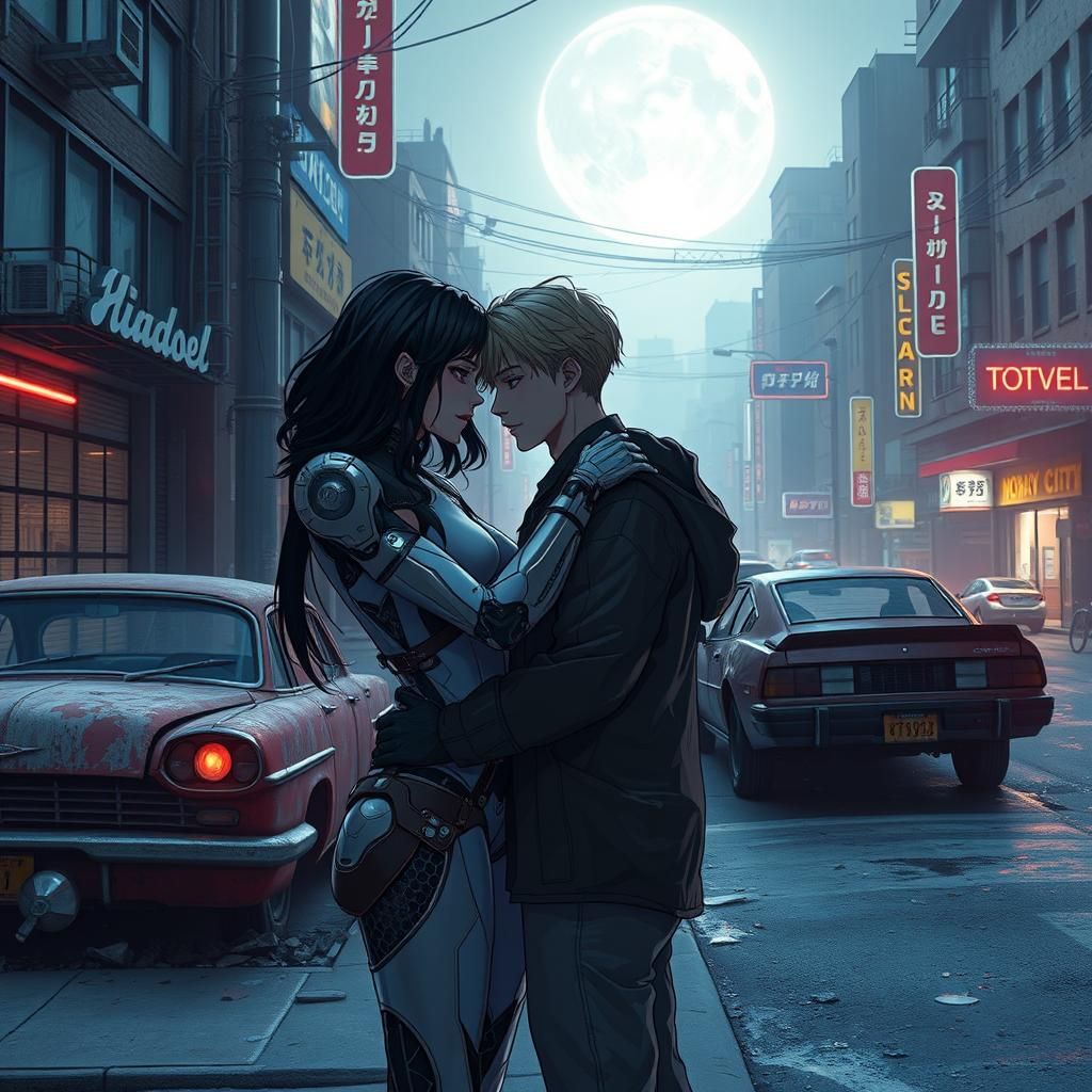 Anime Cyborg Embrace in Abandoned City