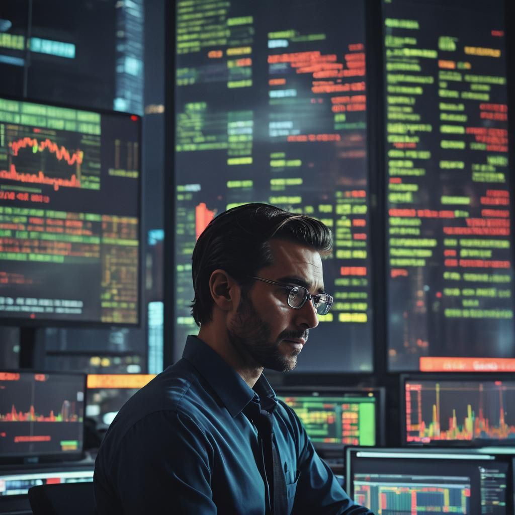 Intense Trader Watching Stocks in Neon Cityscape