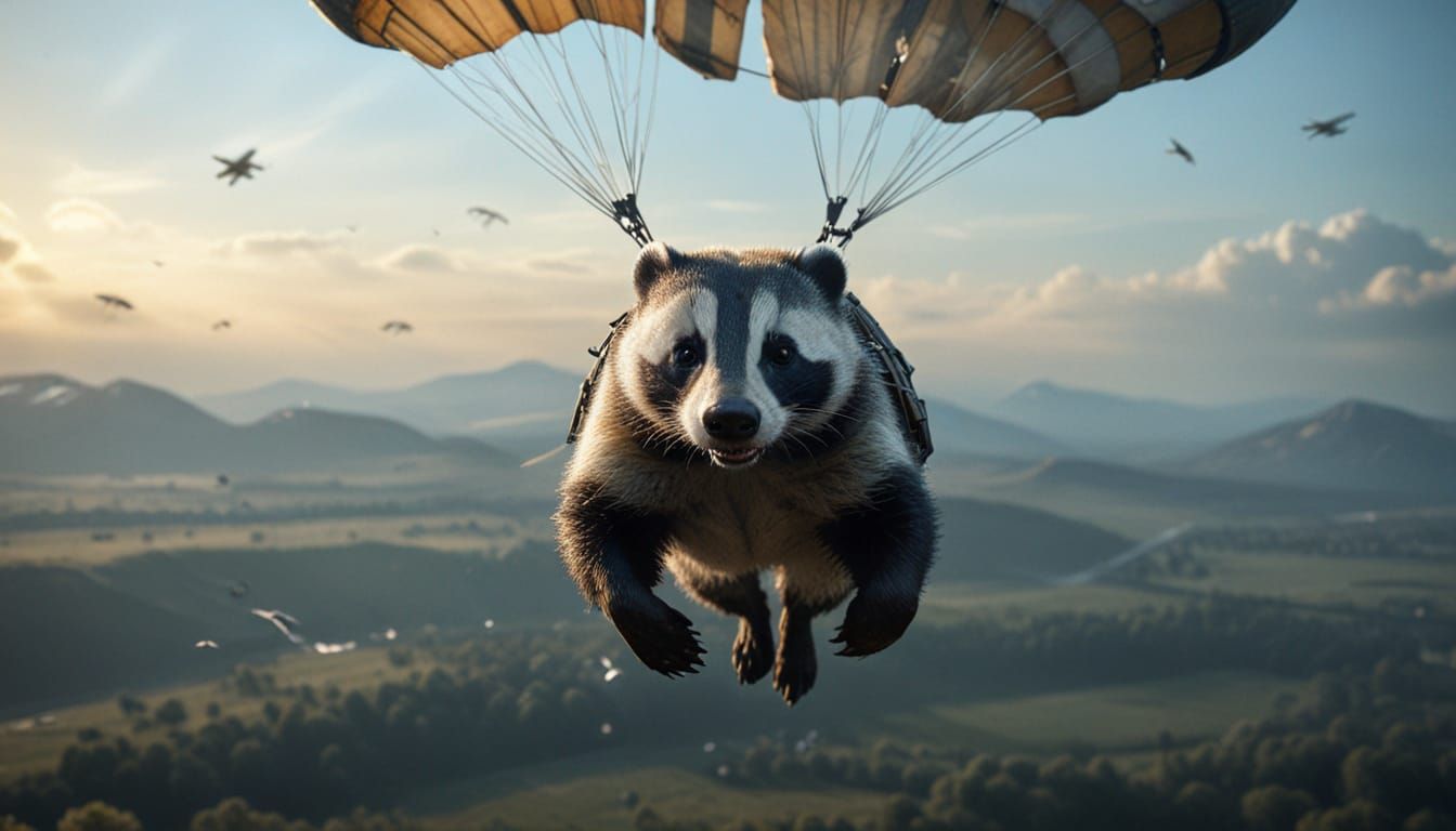 Hyperrealistic Badger Parachuting from Aircraft in Cinematic...