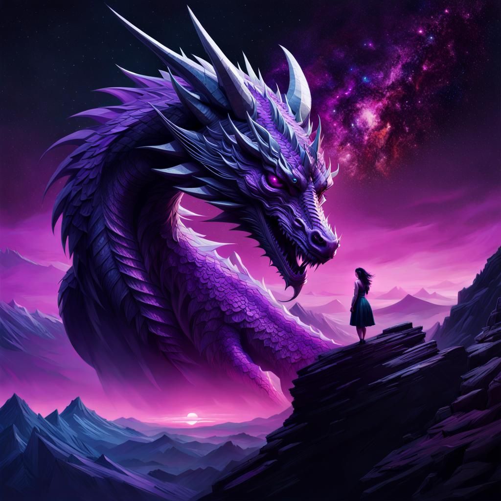 Purple Dragon Portrait on Mountain, Dark Fantasy Art