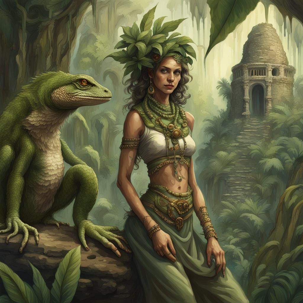 Lizard Woman in Ancient Jungle Ruins