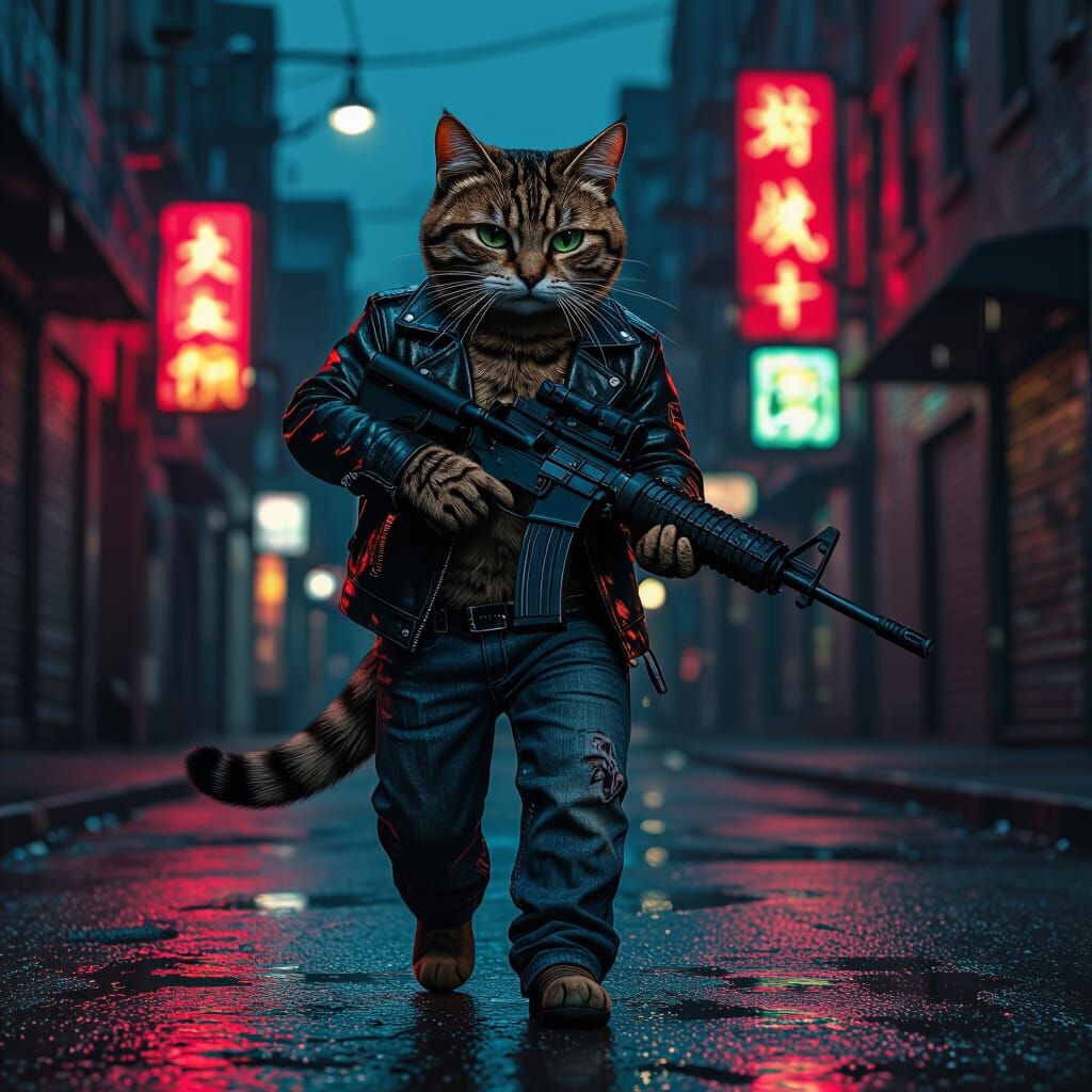 Anthropomorphic Cat with Rifle in Gritty Urban Scene