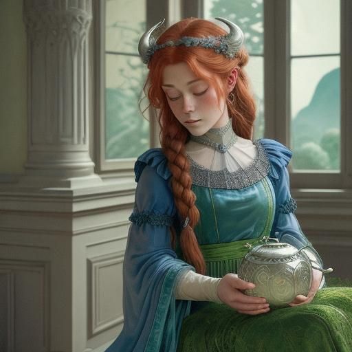 Tiefling Princess on Stone Throne in Nouveau Style