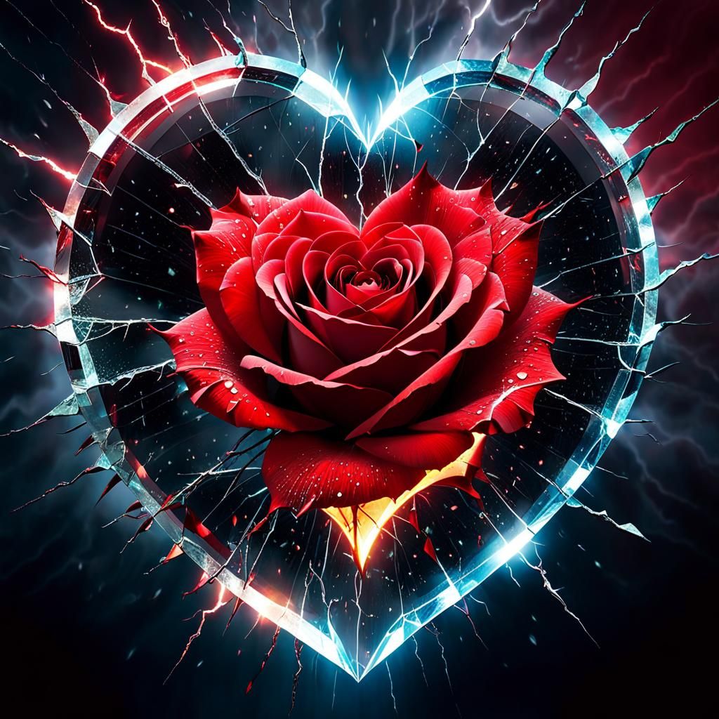 Cracked Heart Above Shattered Rose: Abstract Art