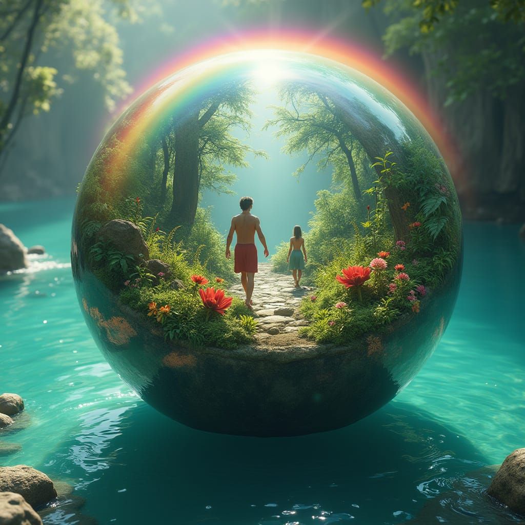 Magical Sphere Holds Garden of Eden with Rainbow