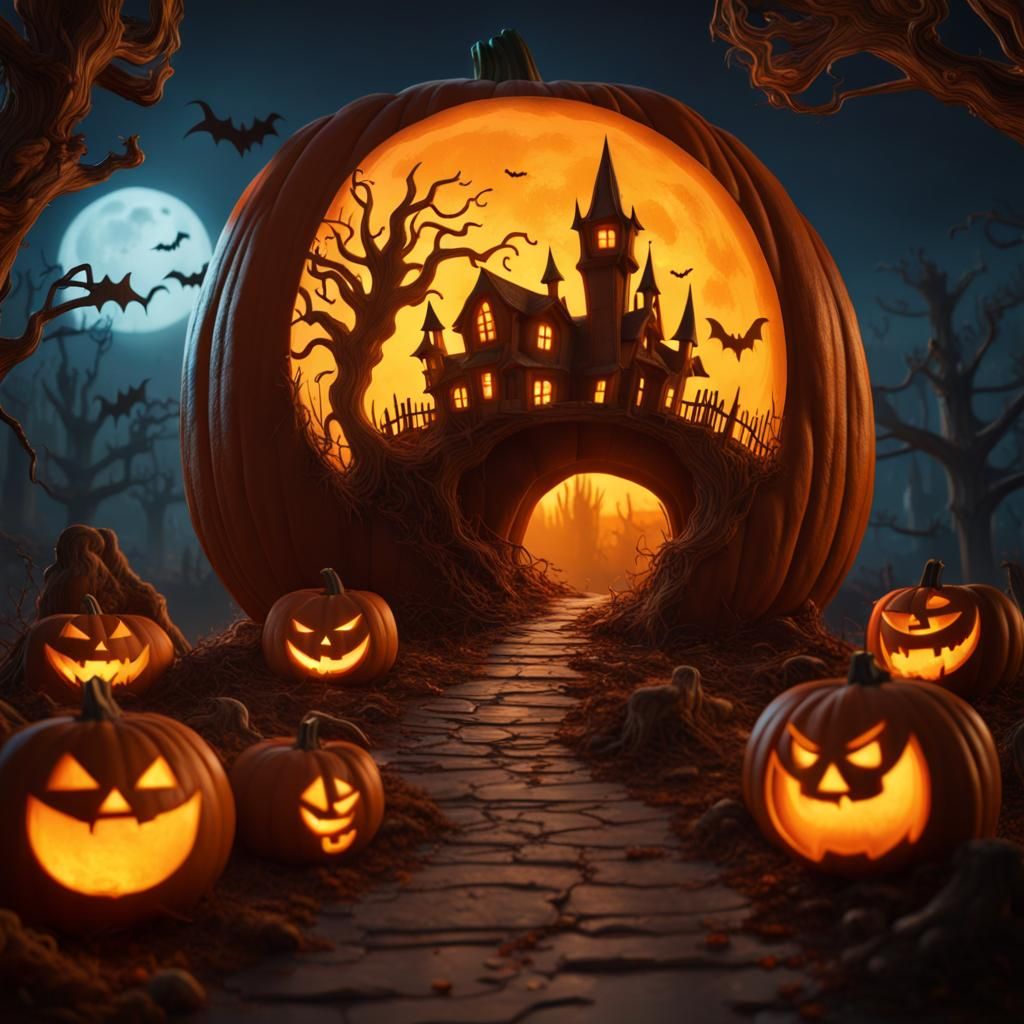 Halloween Town Carved in Pumpkin: Fantasy Concept Art
