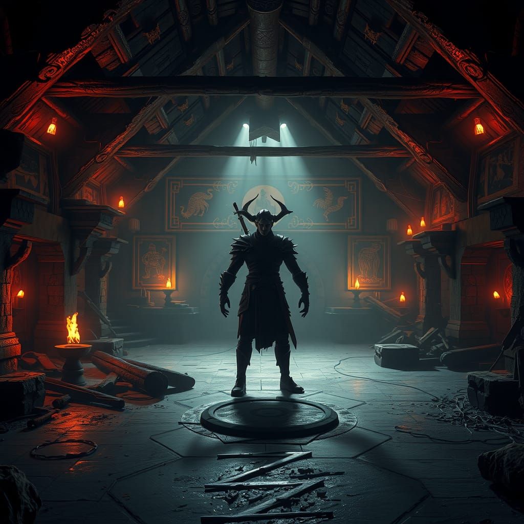 Mystical Warrior in a Dark Arena, Fantasy Concept Art