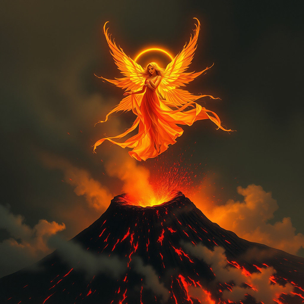 Ethereal Fire Goddess Above Volcano in Surreal Style
