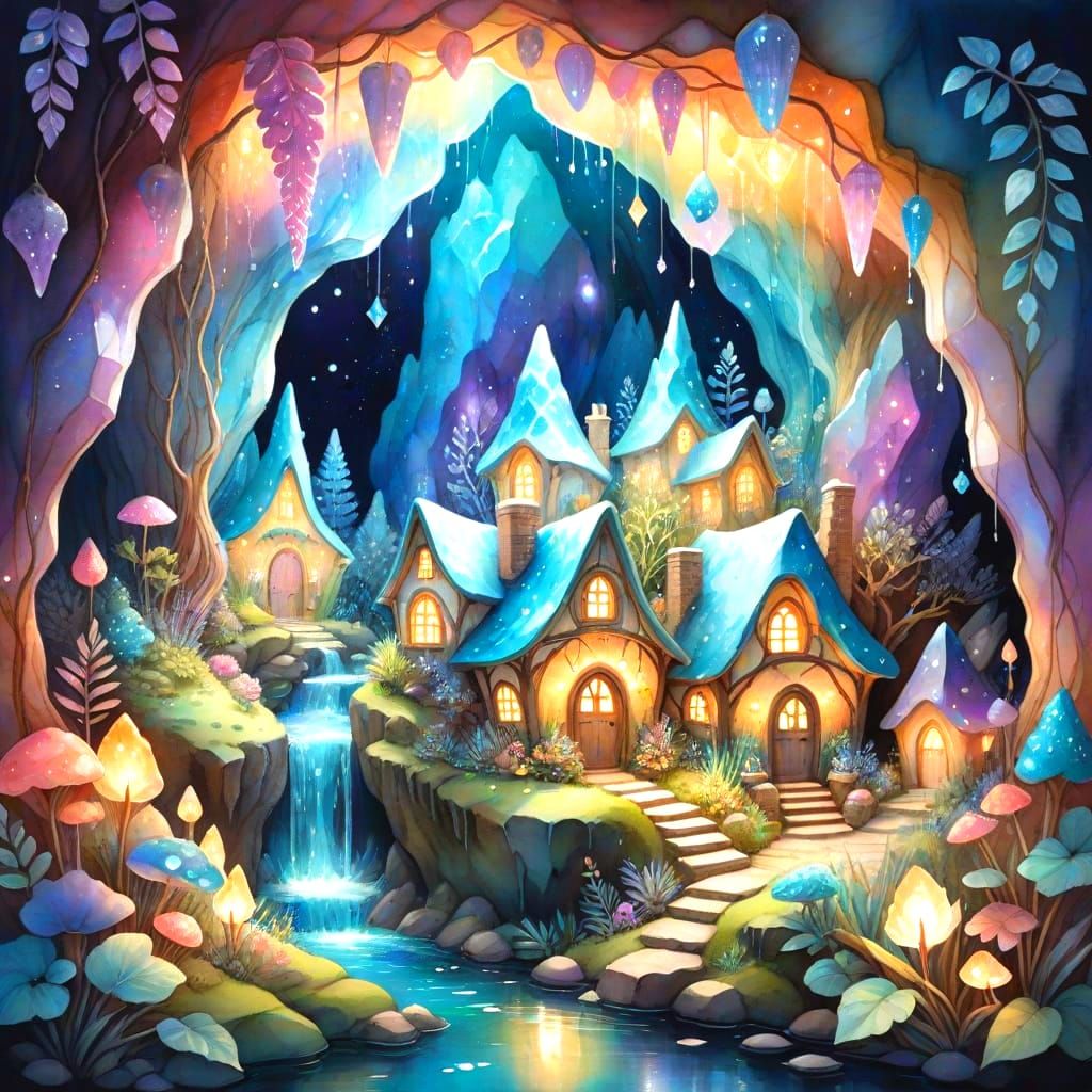 Magical Geode Village: Prismatic Watercolor Fantasy