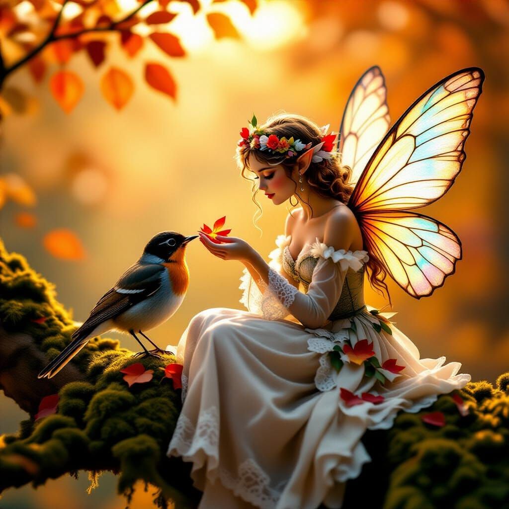 Fairy Feeding Robin in Autumnal Forest