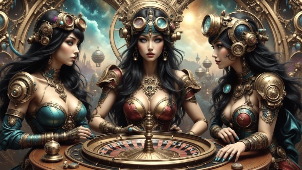 Steampunk Airship Roulette Game with Asian Women