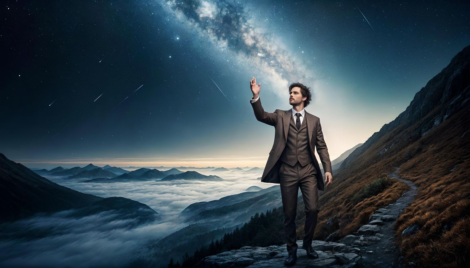 Man Reaching for Stars in Dark Fantasy Landscape