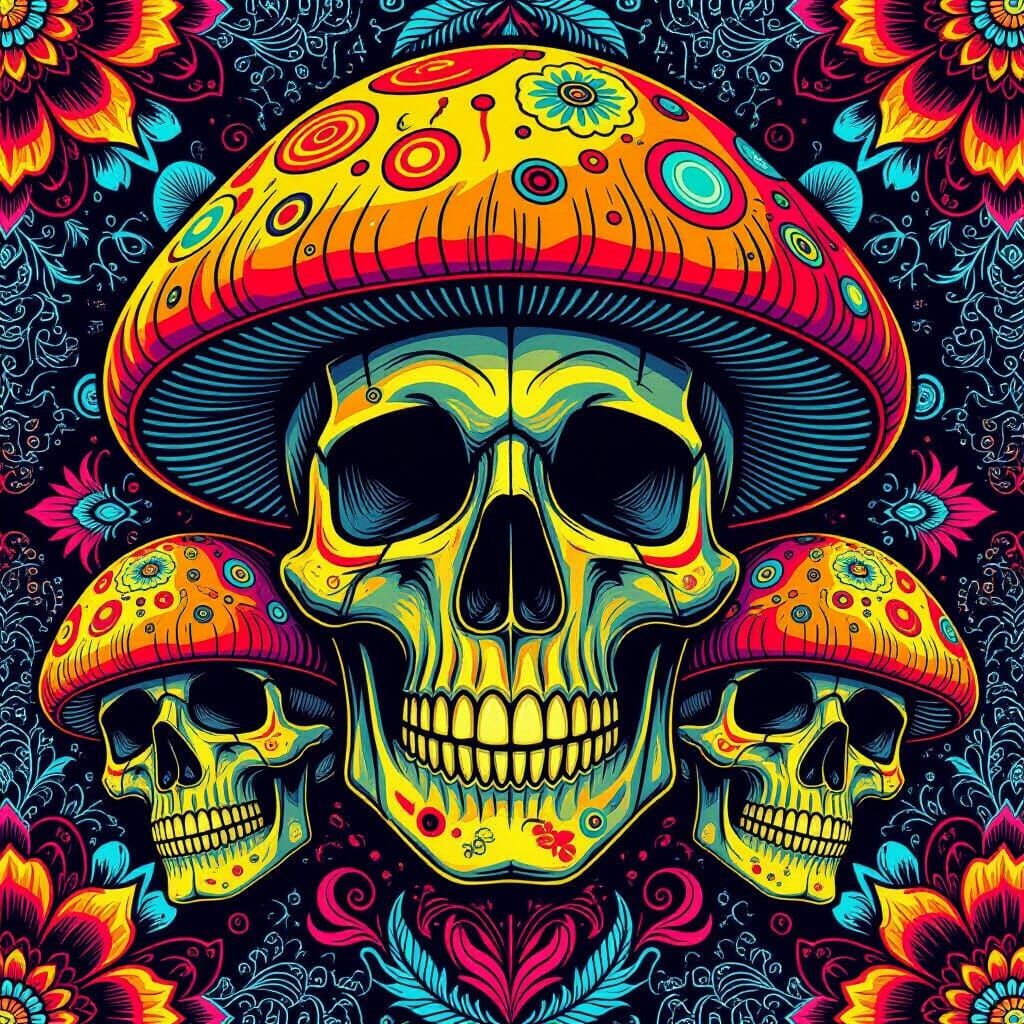 Mushroom Skulls in Psychedelic Collage Style