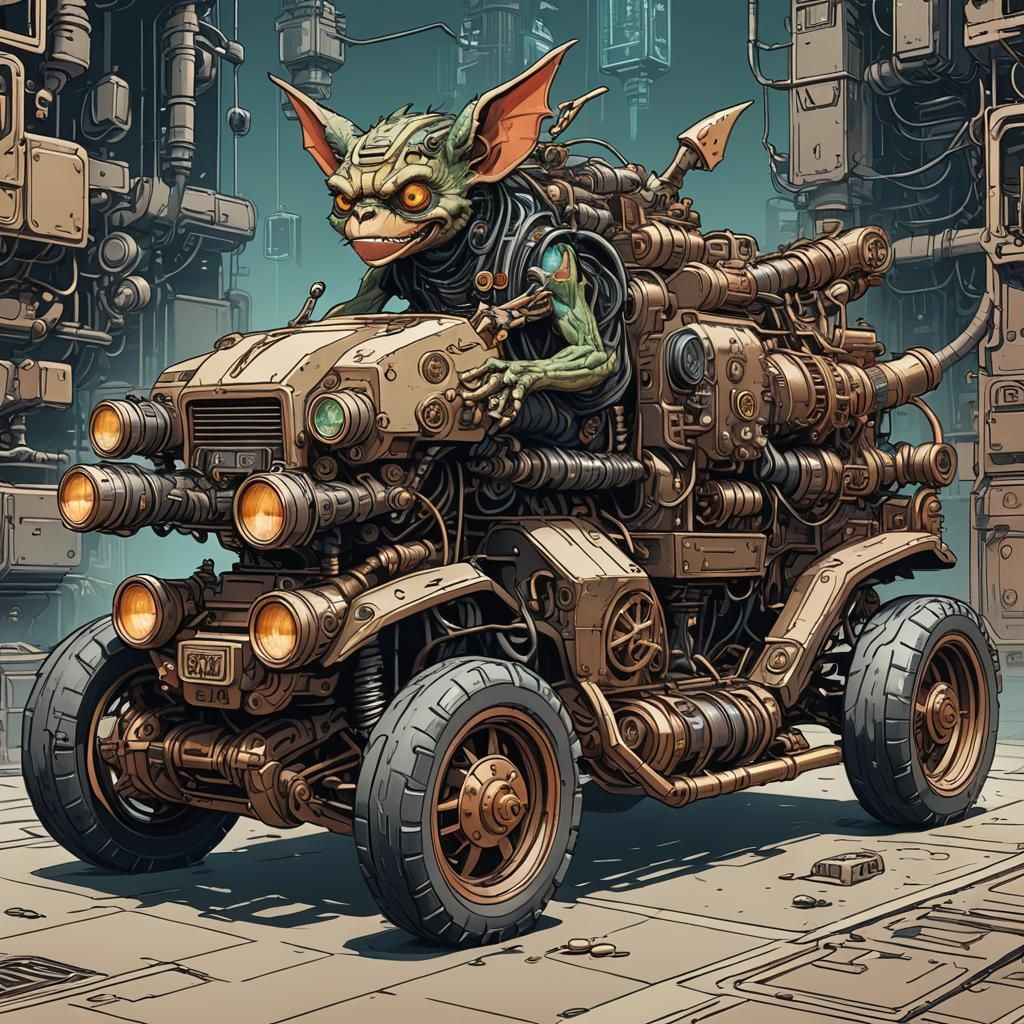 Cyberpunk Gremlin in Steampunk Time Machine