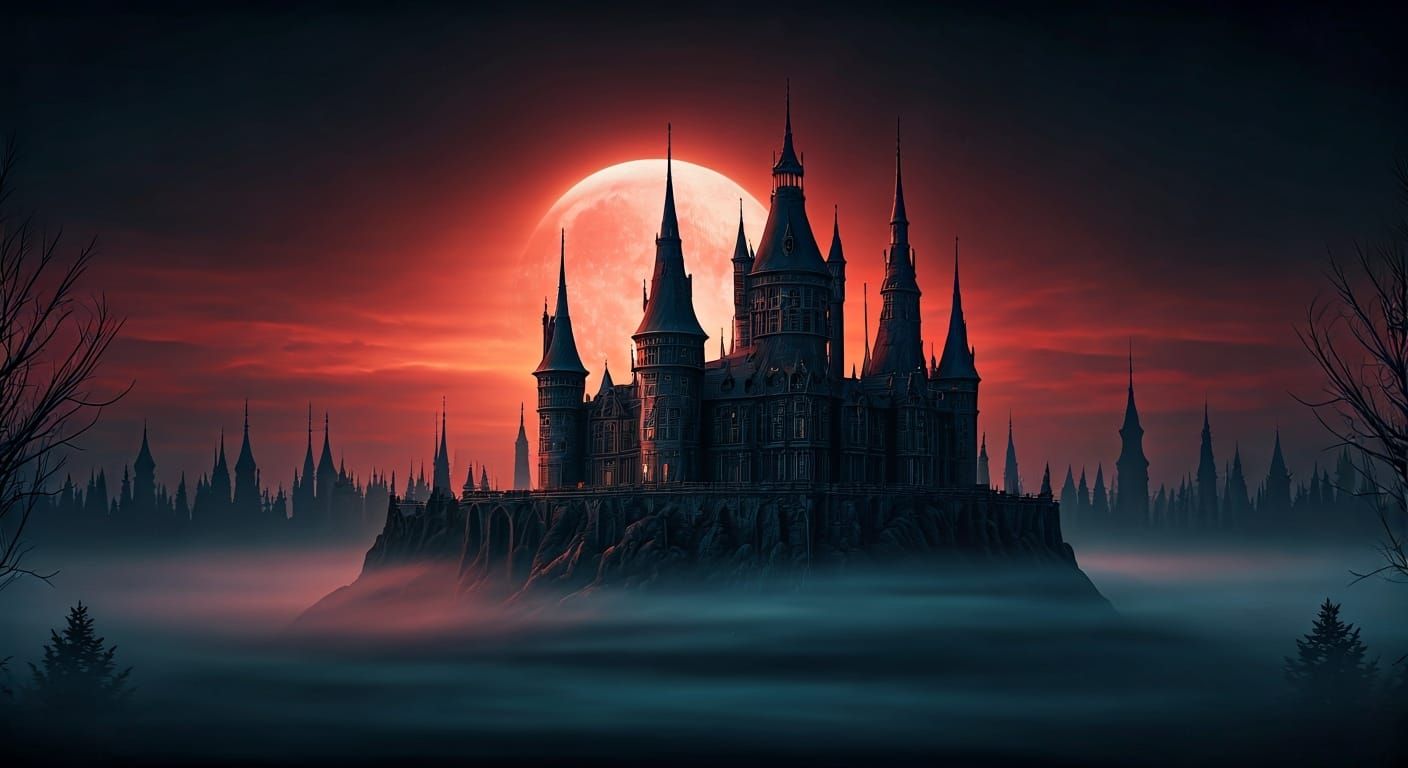 Dracula's Castle Under Blood Moon in Gothic Style