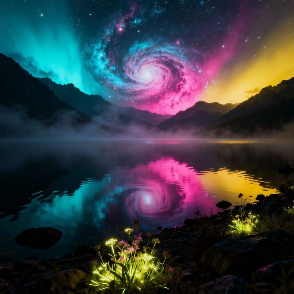 Fantastical Cosmic Sky Over Detailed Lake