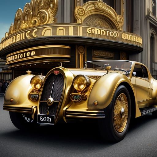 Bugatti at Art Deco Theatre in Alphonse Mucha Style