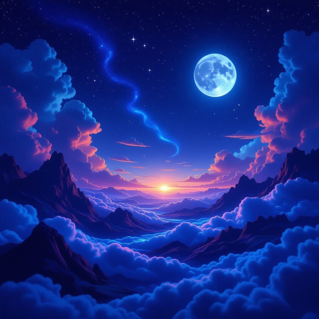 Dreamy Night Sky with Energy Waves and Moon