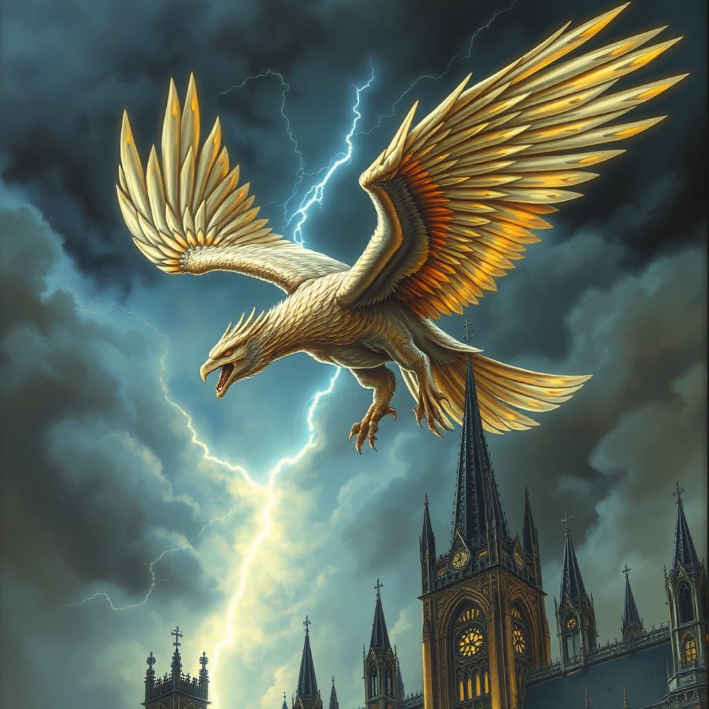 Griffin Soaring Above Gothic Cathedral in Stormy Sky