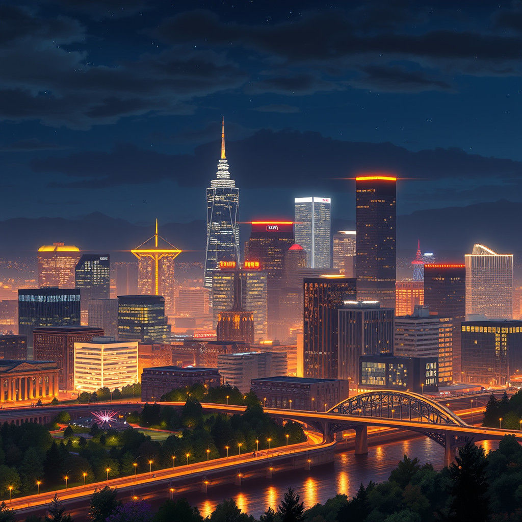 Portland Oregon Skyline at Night in Anime Style