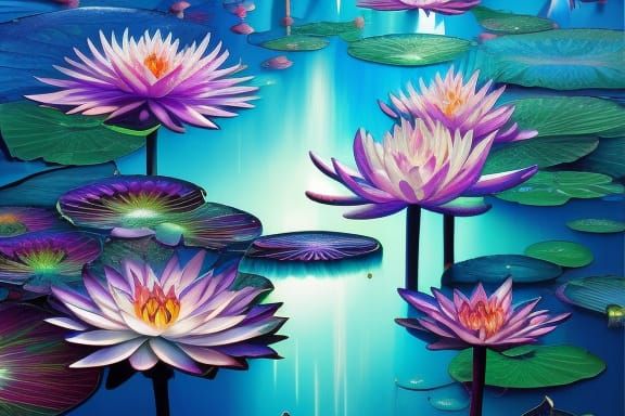 Glowing Stained Glass Water Lily Fractal Landscape