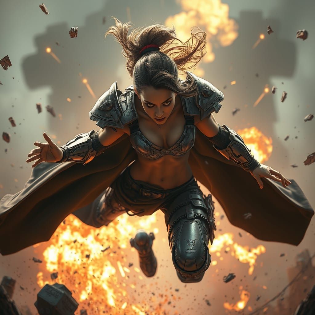 Armored Woman Leaps in Energetic Digital Art Style